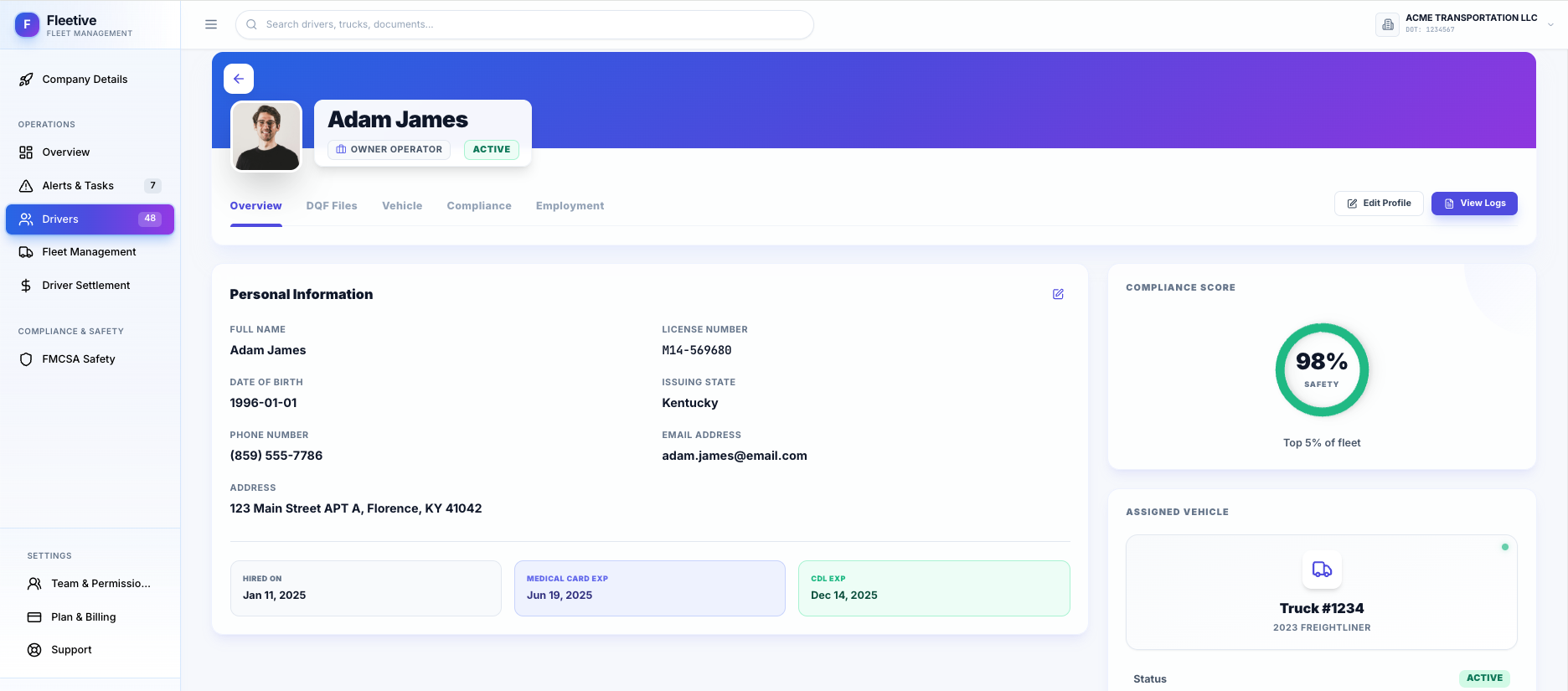 Fleetive Driver Management Dashboard showing driver onboarding and compliance tracking